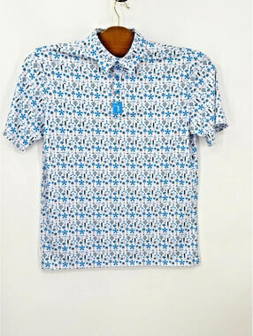 Bogey Bros Polo Shirt Men L Blue White Icon Print Golf Performance Casual